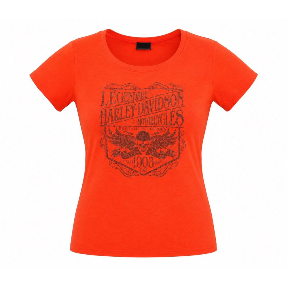 Harley Davidson Motorcycles Womens orange Ohio‎ bike Week Rhinestone T Shirt 2XL